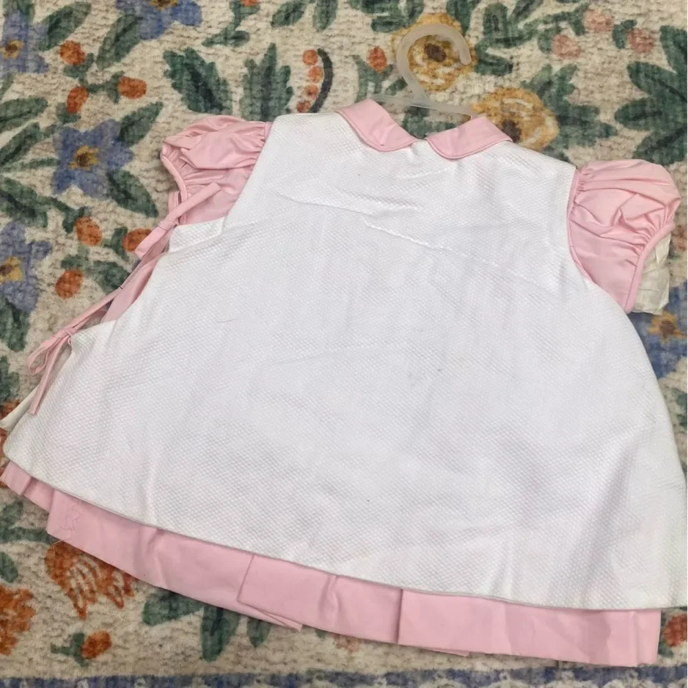 Vintage baby girl apron embroidered floral dress dog 12 months